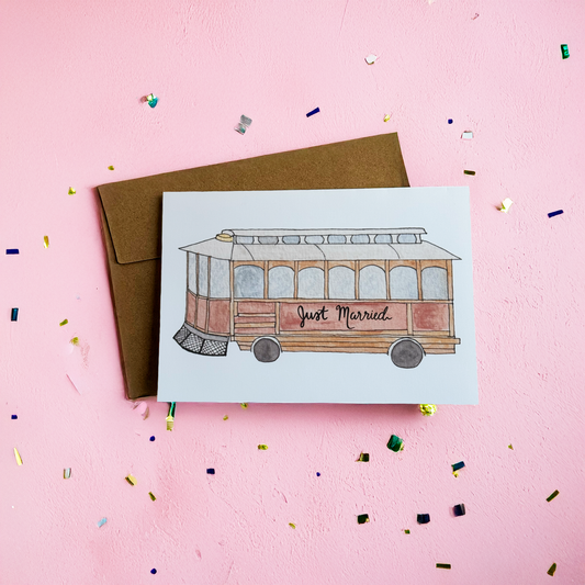 Just Married Wedding Trolley Greeting Card